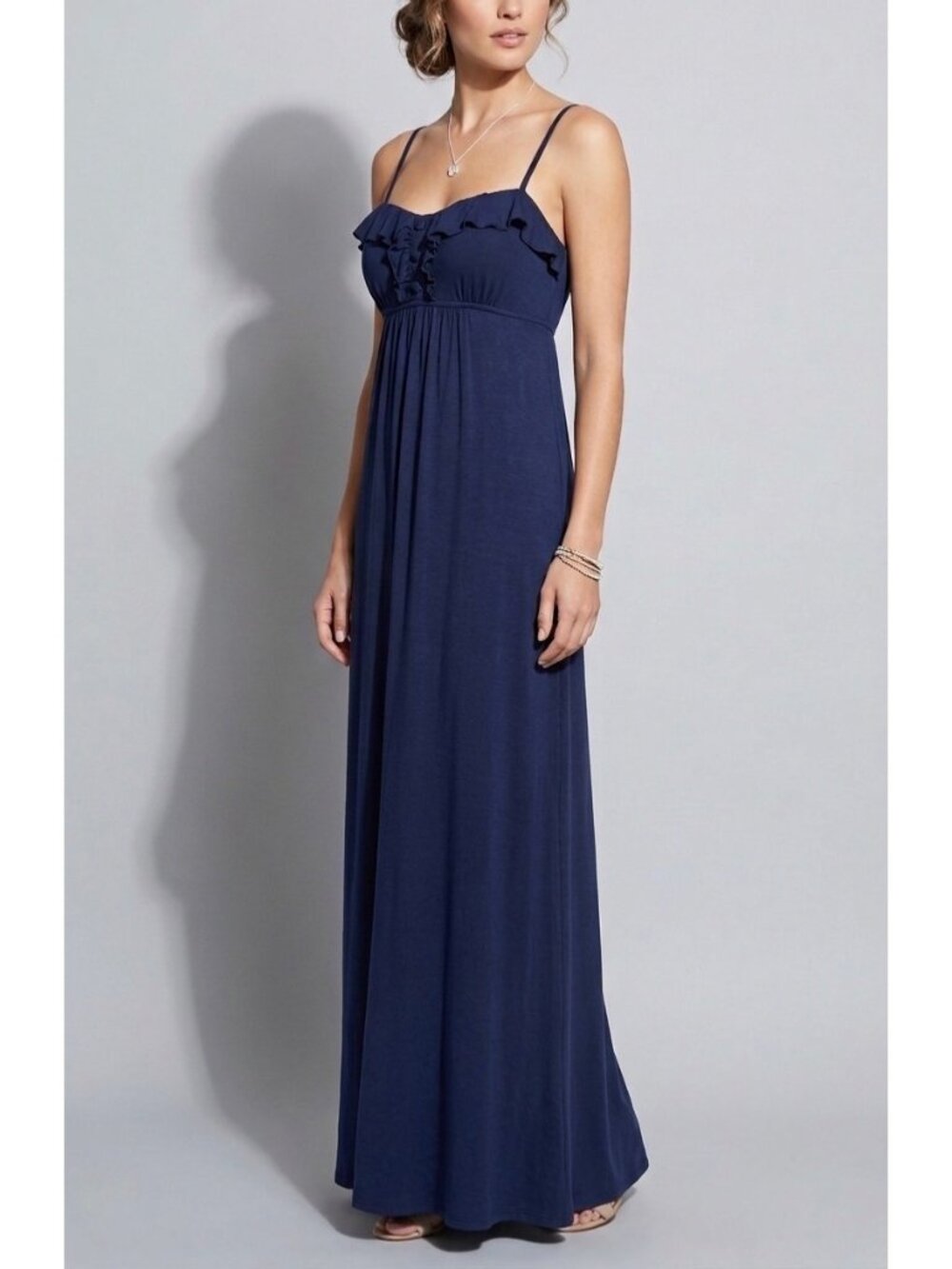 VTG Navy Blue Ruffle Hem Empire Waist Maxi Dress | Dark Coquette Romantic Grunge